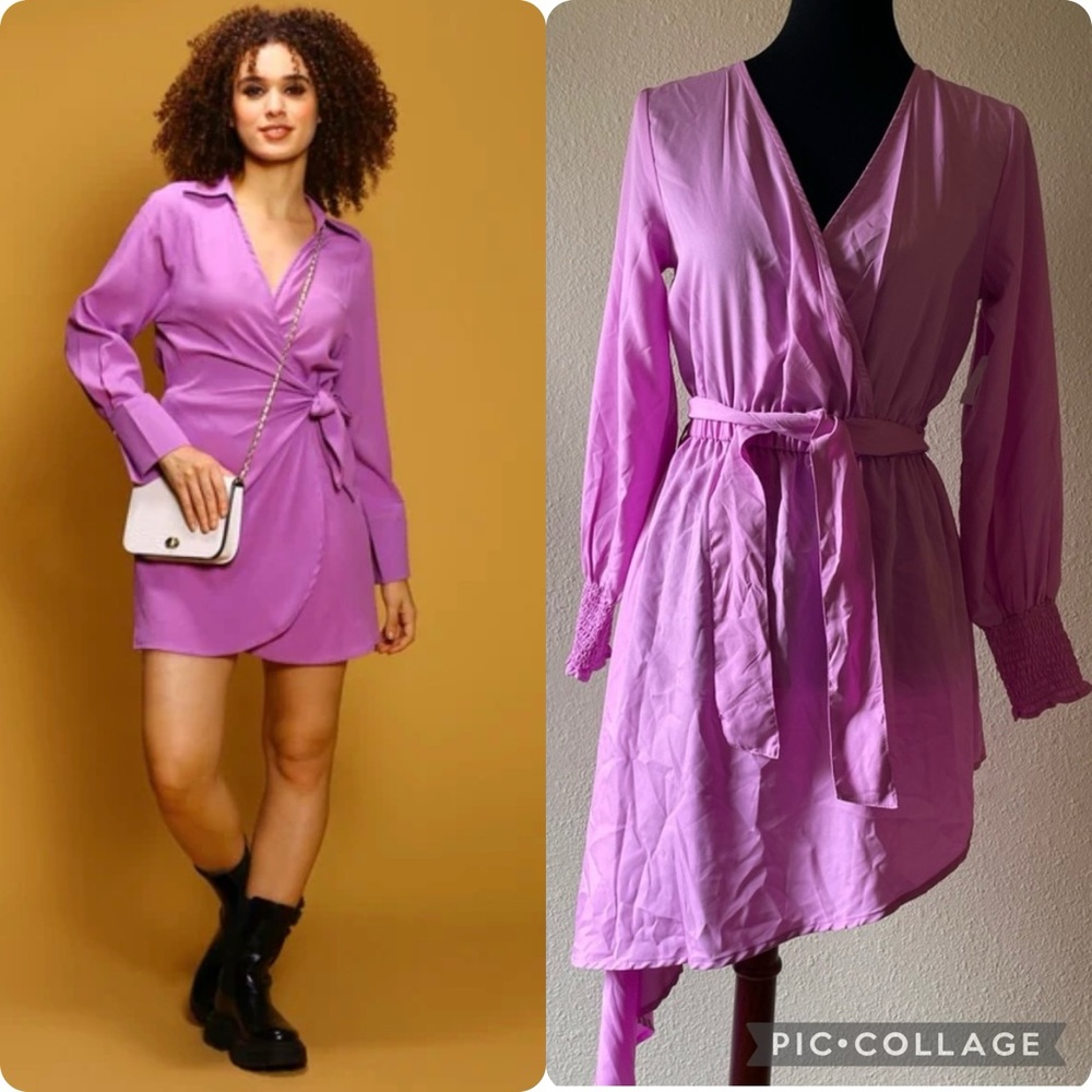 Satin dress. Light purple/mauve wrapped v neck waist tie